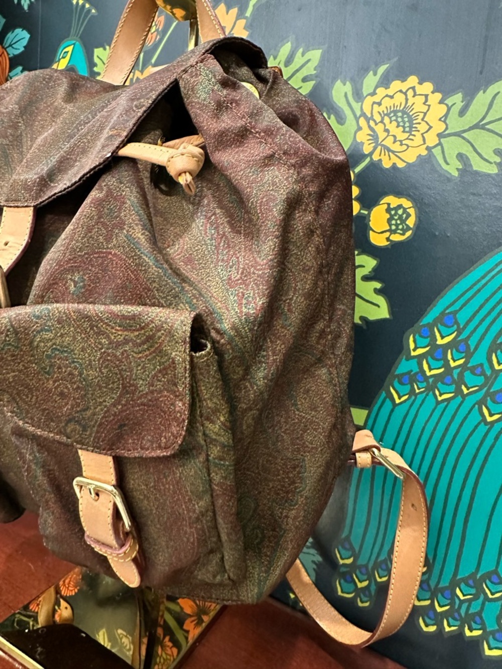Etro Milano Vintage Paisley Backpack Leather Trim Boho Luxury Italy - Picture 7 of 13